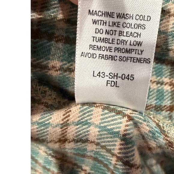 Cabelas Womens L Plaid Soft Flannel Shirt Teal Tan Brown Cotton Shirt (D34) - Picture 7 of 14